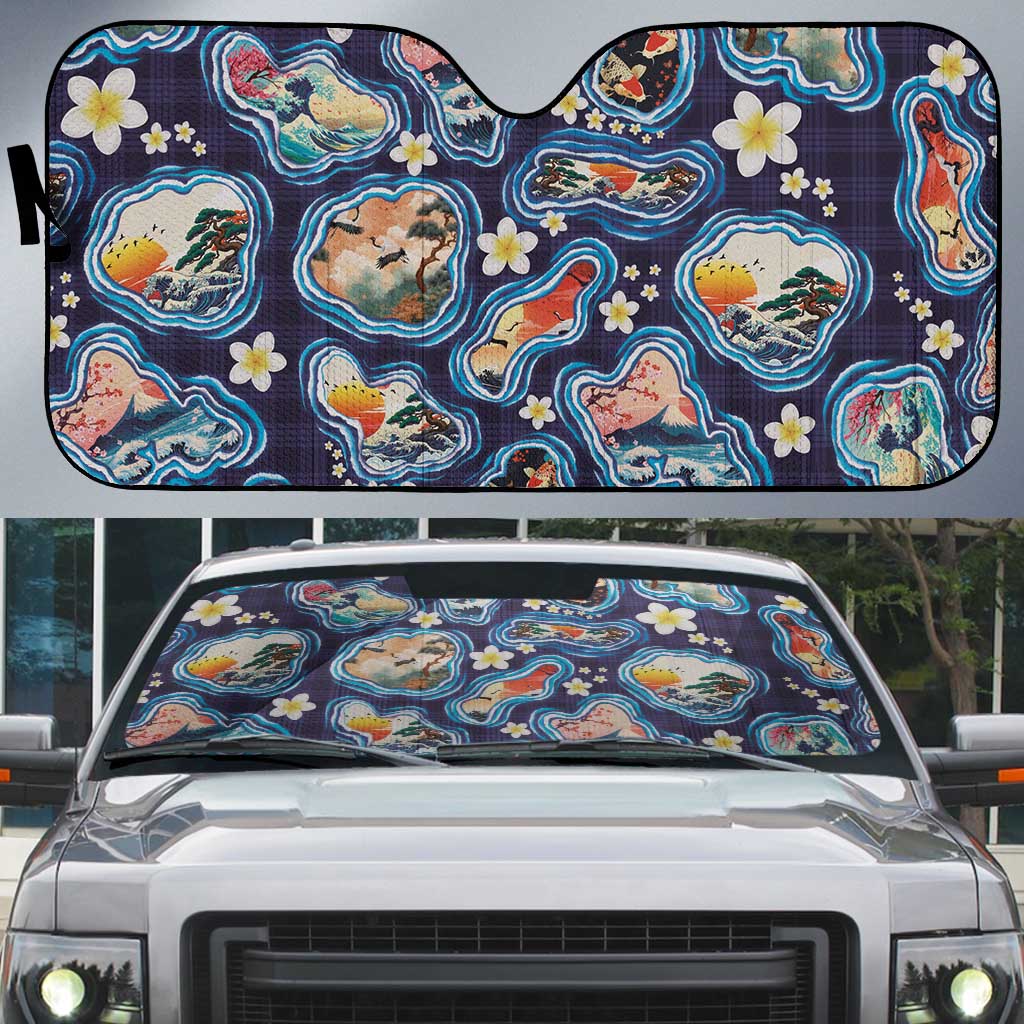 Hawaii Islands Map Design with Japanese Landscape Auto Sun Shade Hawaiian Japan Fusion Art Navy Color
