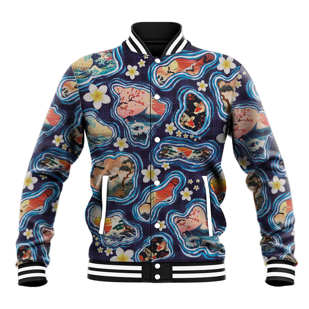 Hawaii Islands Map Design with Japanese Landscape Baseball Jacket Hawaiian Japan Fusion Art Navy Color