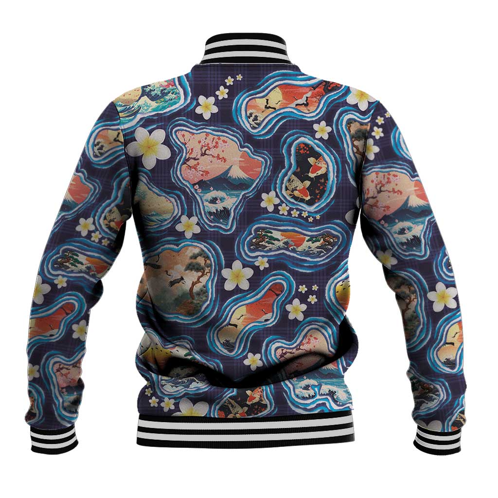 Hawaii Islands Map Design with Japanese Landscape Baseball Jacket Hawaiian Japan Fusion Art Navy Color