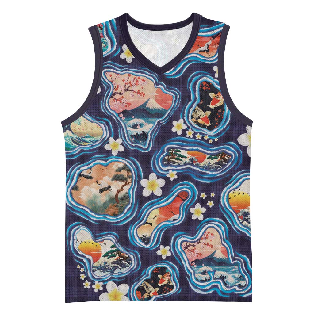 Hawaii Islands Map Design with Japanese Landscape Basketball Jersey Hawaiian Japan Fusion Art Navy Color
