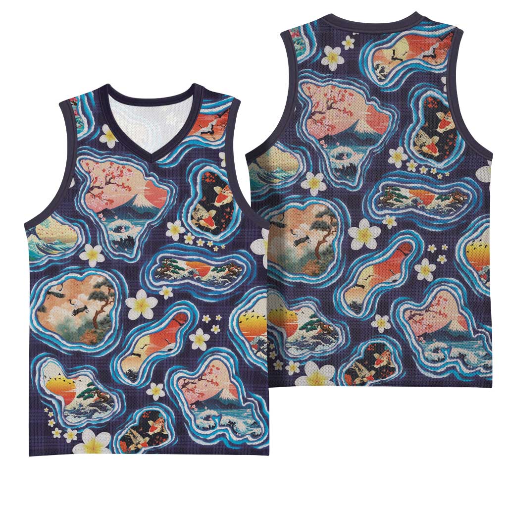 Hawaii Islands Map Design with Japanese Landscape Basketball Jersey Hawaiian Japan Fusion Art Navy Color LT03 - Polynesian Pride