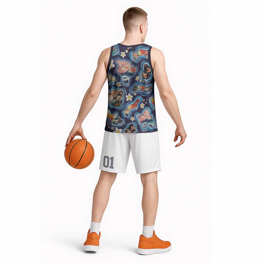 Hawaii Islands Map Design with Japanese Landscape Basketball Jersey Hawaiian Japan Fusion Art Navy Color LT03 - Polynesian Pride