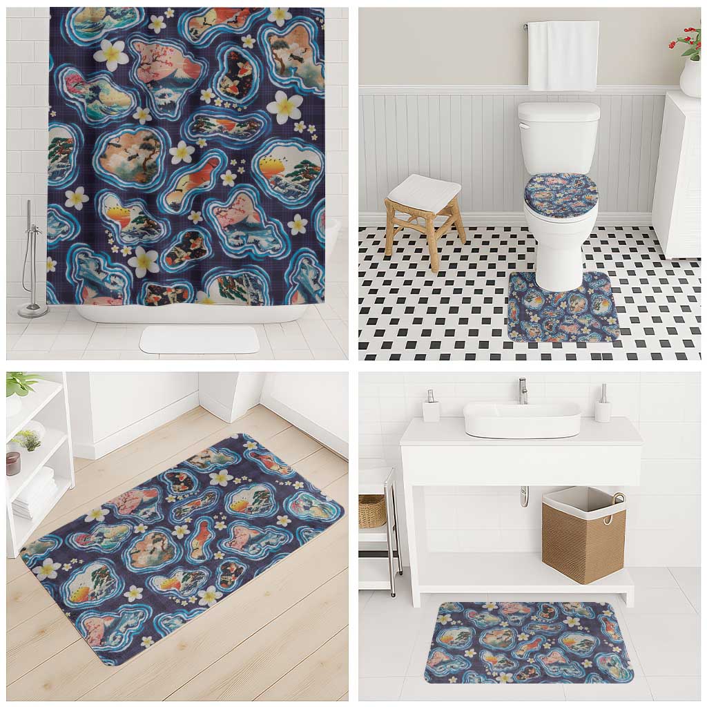Hawaii Islands Map Design with Japanese Landscape Bathroom Set Hawaiian Japan Fusion Art Navy Color