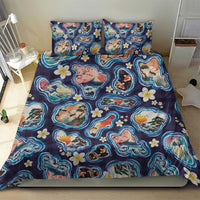 Hawaii Islands Map Design with Japanese Landscape Bedding Set Hawaiian Japan Fusion Art Navy Color