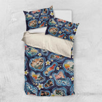 Hawaii Islands Map Design with Japanese Landscape Bedding Set Hawaiian Japan Fusion Art Navy Color