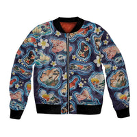 Hawaii Islands Map Design with Japanese Landscape Bomber Jacket Hawaiian Japan Fusion Art Navy Color