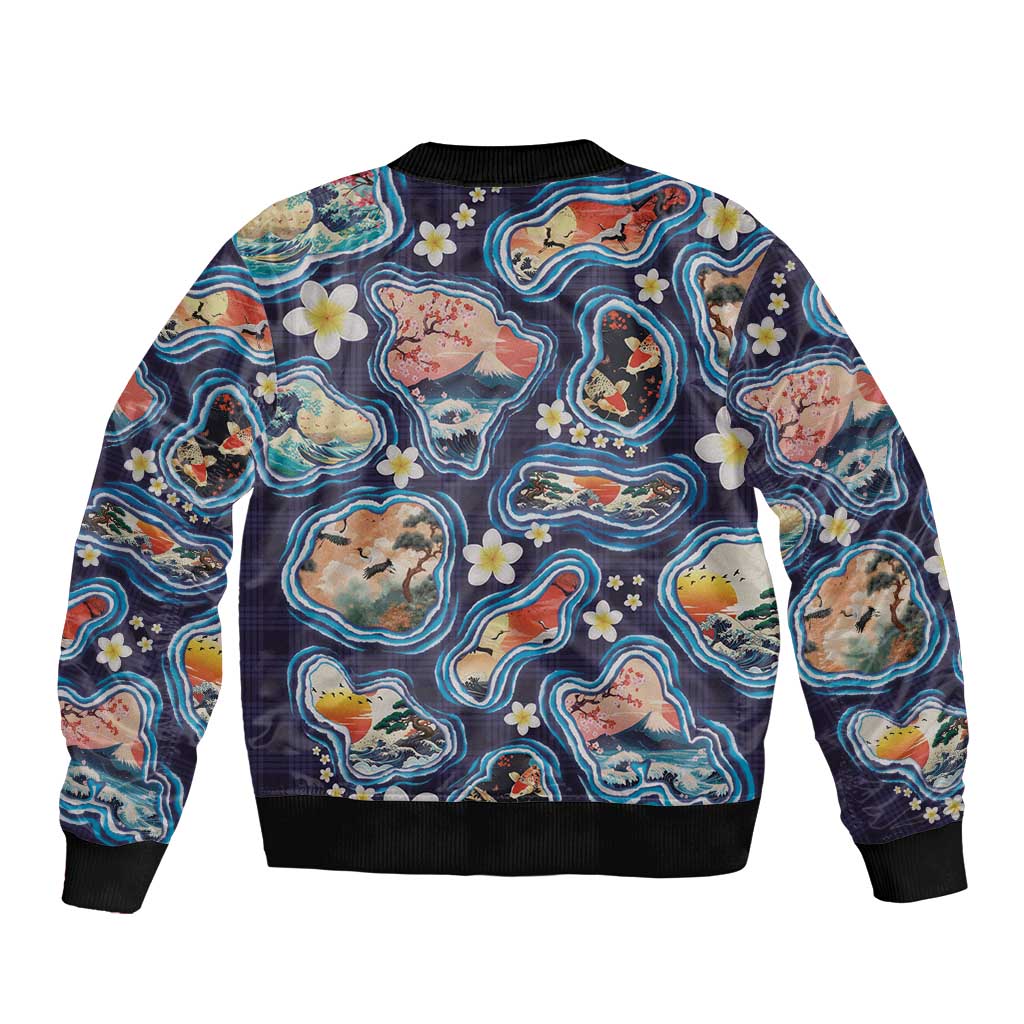 Hawaii Islands Map Design with Japanese Landscape Bomber Jacket Hawaiian Japan Fusion Art Navy Color
