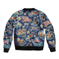 Hawaii Islands Map Design with Japanese Landscape Bomber Jacket Hawaiian Japan Fusion Art Navy Color
