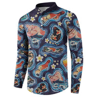 Hawaii Islands Map Design with Japanese Landscape Button Sweatshirt Hawaiian Japan Fusion Art Navy Color