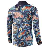 Hawaii Islands Map Design with Japanese Landscape Button Sweatshirt Hawaiian Japan Fusion Art Navy Color