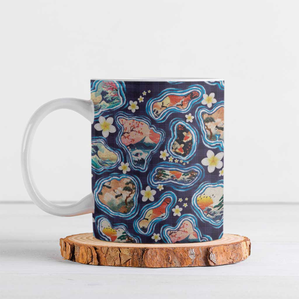 Hawaii Islands Map Design with Japanese Landscape Ceramic Mug Hawaiian Japan Fusion Art Navy Color