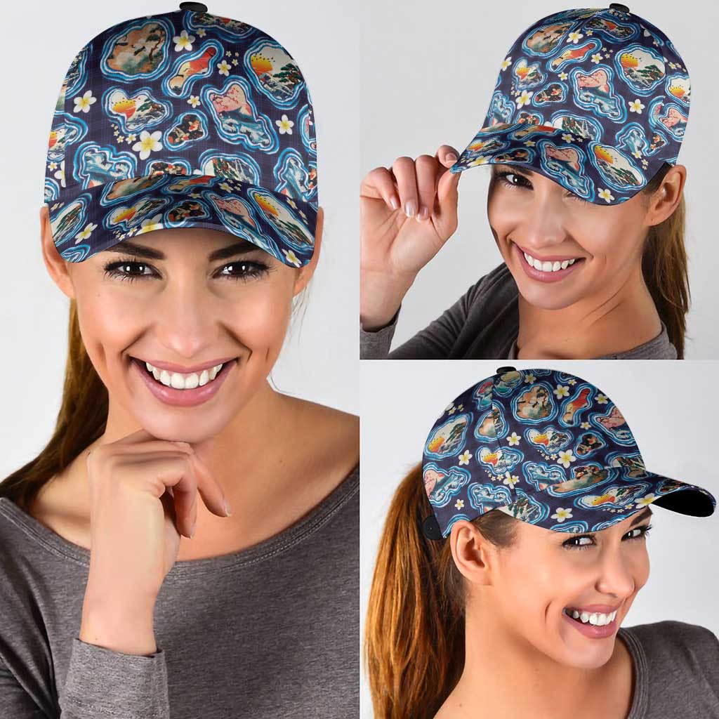 Hawaii Islands Map Design with Japanese Landscape Classic Cap Hawaiian Japan Fusion Art Navy Color