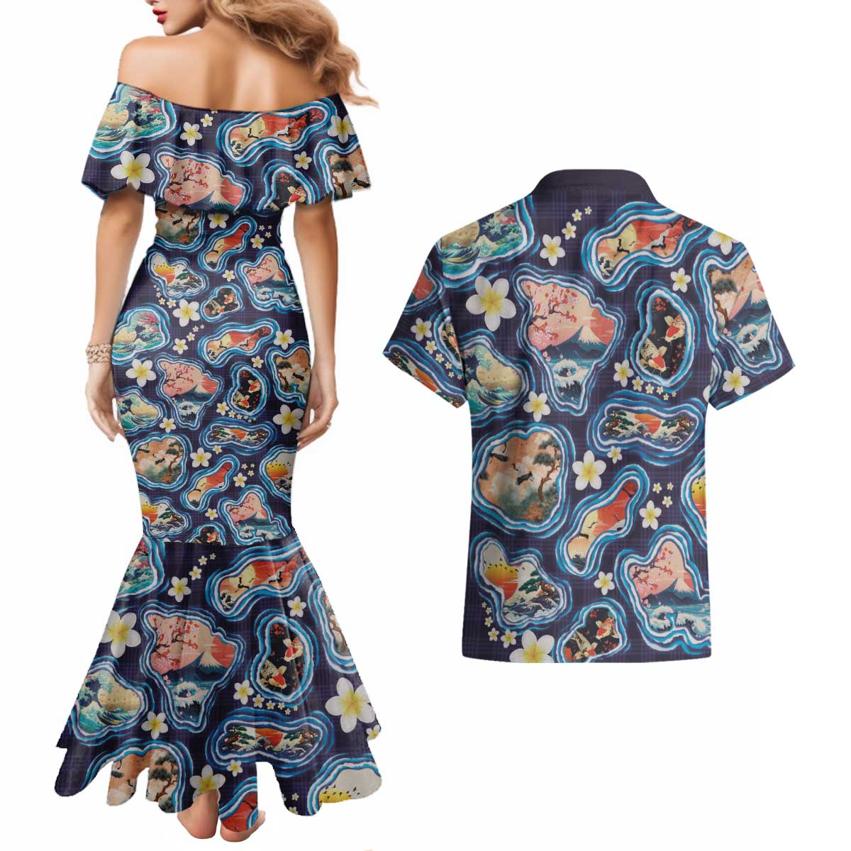 Hawaii Islands Map Design with Japanese Landscape Couples Matching Mermaid Dress and Hawaiian Shirt Hawaiian Japan Fusion Art Navy Color LT03 - Polynesian Pride