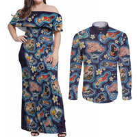 Hawaii Islands Map Design with Japanese Landscape Couples Matching Off Shoulder Maxi Dress and Long Sleeve Button Shirt Hawaiian Japan Fusion Art Navy Color LT03 Navy - Polynesian Pride