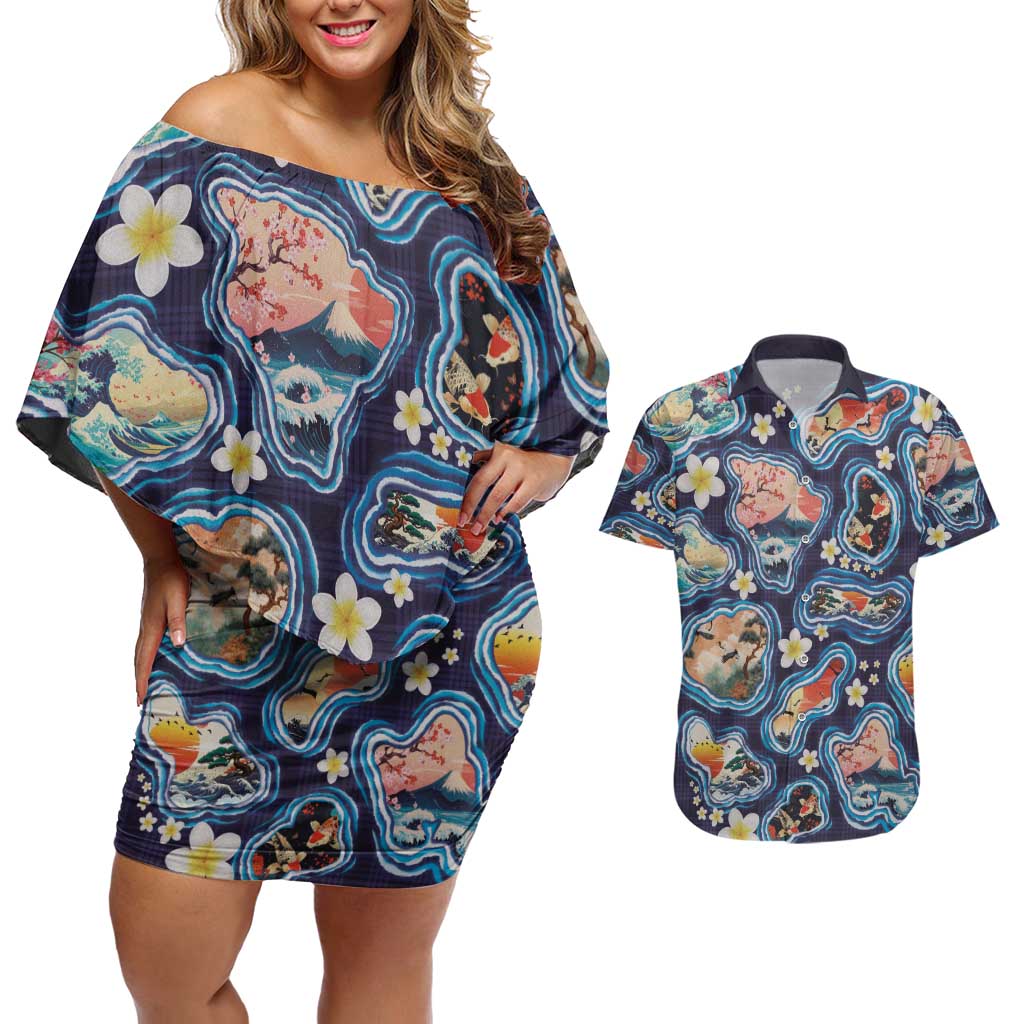 Hawaii Islands Map Design with Japanese Landscape Couples Matching Off Shoulder Short Dress and Hawaiian Shirt Hawaiian Japan Fusion Art Navy Color LT03 Navy - Polynesian Pride