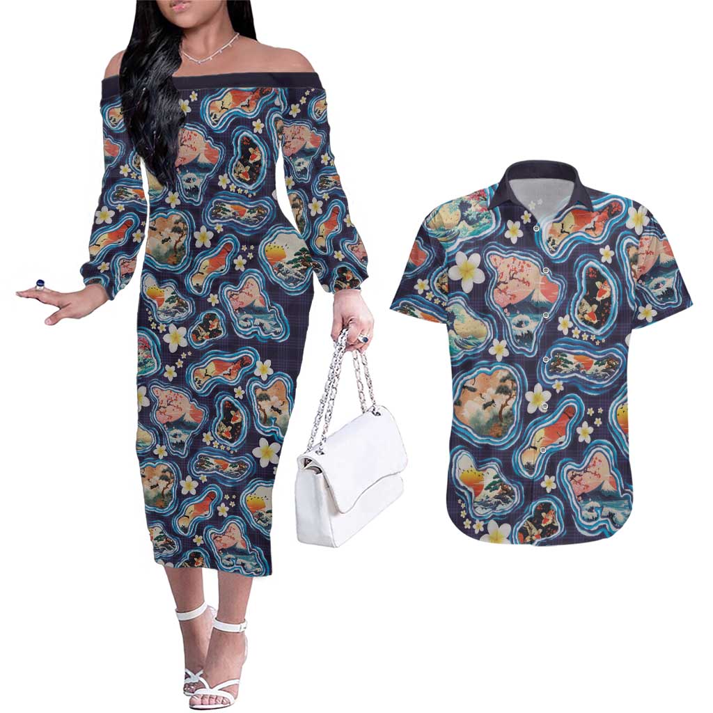 Hawaii Islands Map Design with Japanese Landscape Couples Matching Off The Shoulder Long Sleeve Dress and Hawaiian Shirt Hawaiian Japan Fusion Art Navy Color LT03 Navy - Polynesian Pride