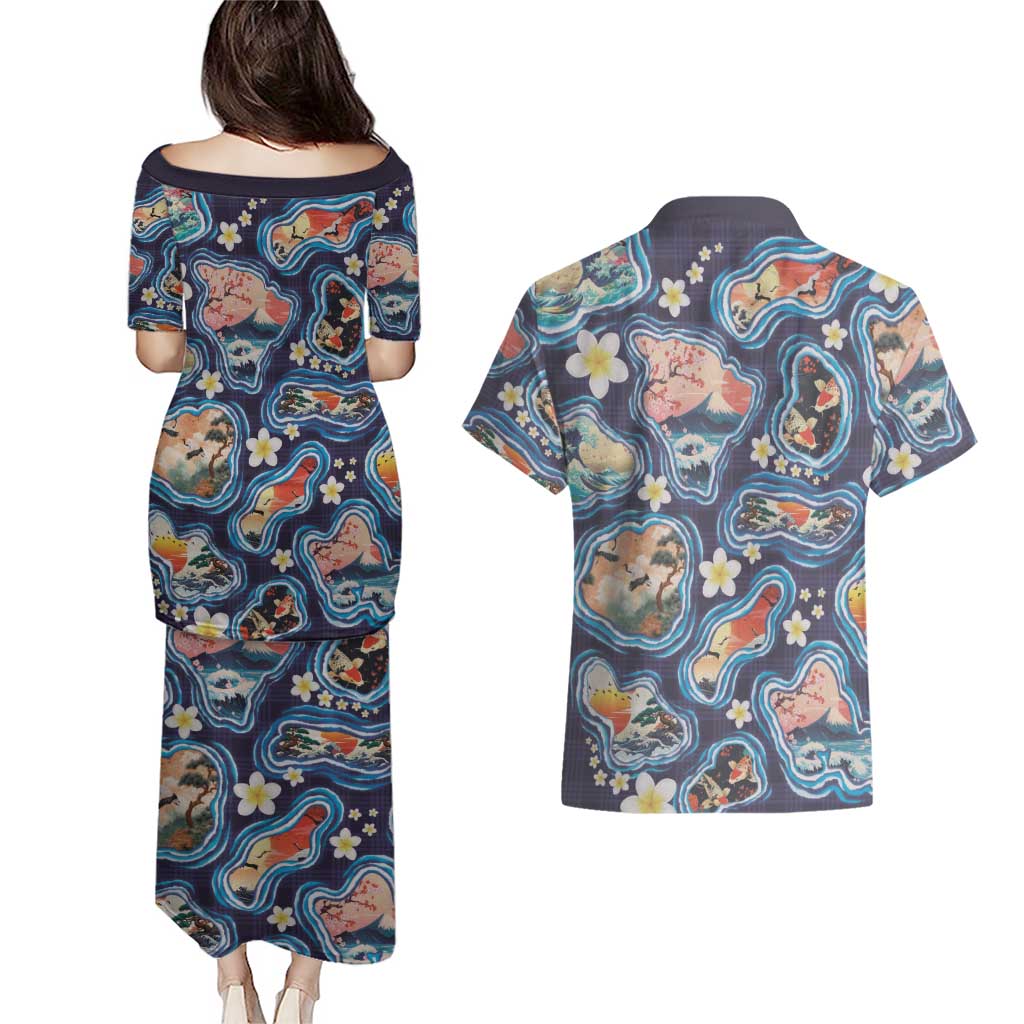 Hawaii Islands Map Design with Japanese Landscape Couples Matching Puletasi and Hawaiian Shirt Hawaiian Japan Fusion Art Navy Color LT03 - Polynesian Pride