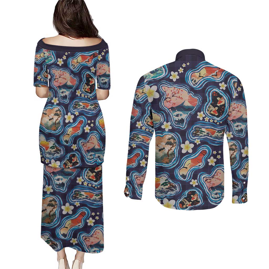 Hawaii Islands Map Design with Japanese Landscape Couples Matching Puletasi and Long Sleeve Button Shirt Hawaiian Japan Fusion Art Navy Color LT03 - Polynesian Pride