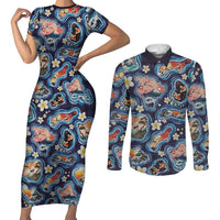 Hawaii Islands Map Design with Japanese Landscape Couples Matching Short Sleeve Bodycon Dress and Long Sleeve Button Shirt Hawaiian Japan Fusion Art Navy Color LT03 Navy - Polynesian Pride