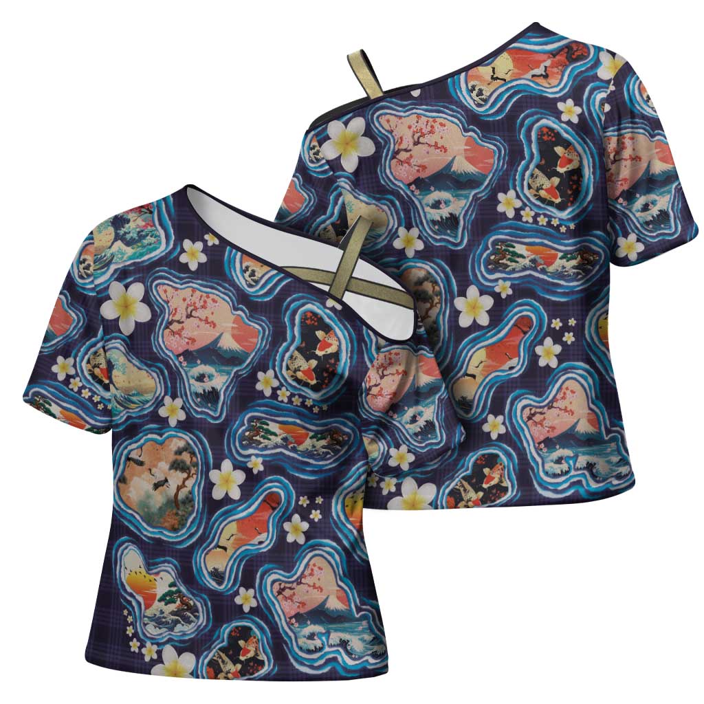 Hawaii Islands Map Design with Japanese Landscape Cross Shoulder Shirt Hawaiian Japan Fusion Art Navy Color
