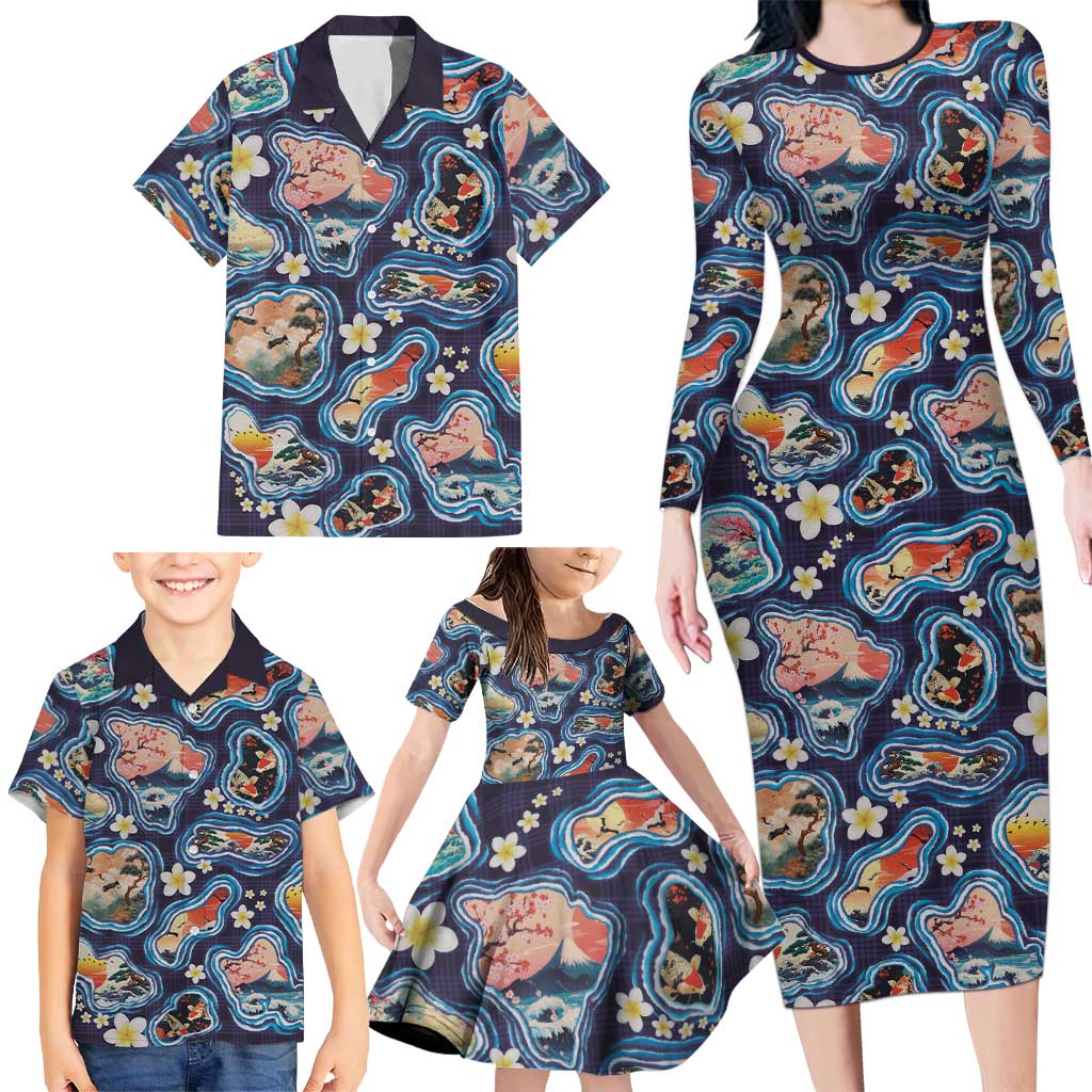 Hawaii Islands Map Design with Japanese Landscape Family Matching Long Sleeve Bodycon Dress and Hawaiian Shirt Hawaiian Japan Fusion Art Navy Color LT03 - Polynesian Pride