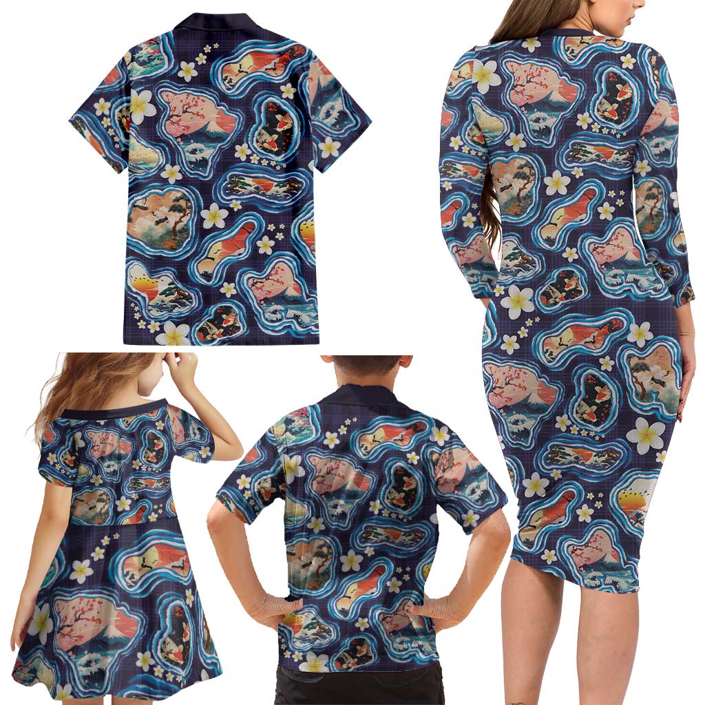 Hawaii Islands Map Design with Japanese Landscape Family Matching Long Sleeve Bodycon Dress and Hawaiian Shirt Hawaiian Japan Fusion Art Navy Color LT03 - Polynesian Pride