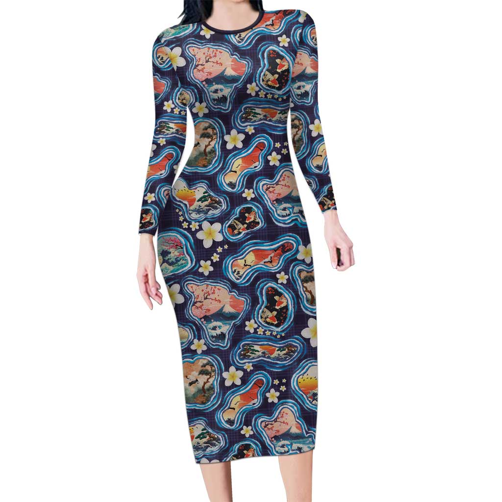 Hawaii Islands Map Design with Japanese Landscape Family Matching Long Sleeve Bodycon Dress and Hawaiian Shirt Hawaiian Japan Fusion Art Navy Color LT03 Mom's Dress Navy - Polynesian Pride