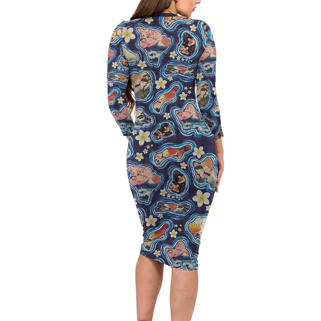 Hawaii Islands Map Design with Japanese Landscape Family Matching Long Sleeve Bodycon Dress and Hawaiian Shirt Hawaiian Japan Fusion Art Navy Color LT03 - Polynesian Pride