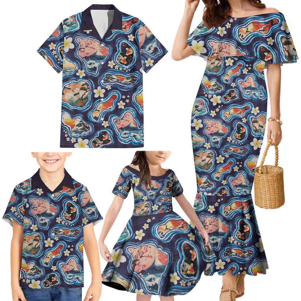 Hawaii Islands Map Design with Japanese Landscape Family Matching Mermaid Dress and Hawaiian Shirt Hawaiian Japan Fusion Art Navy Color LT03 - Polynesian Pride