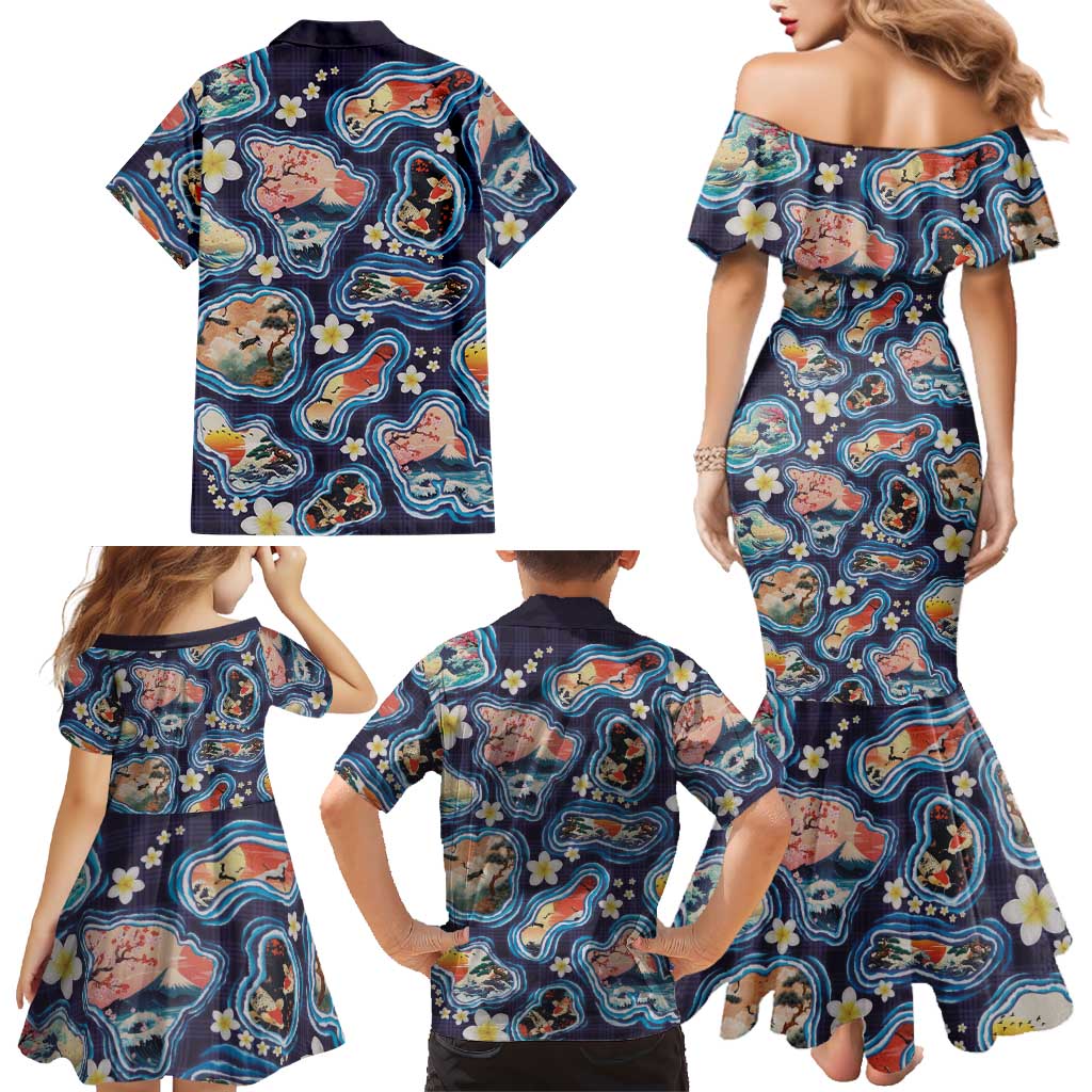 Hawaii Islands Map Design with Japanese Landscape Family Matching Mermaid Dress and Hawaiian Shirt Hawaiian Japan Fusion Art Navy Color LT03 - Polynesian Pride