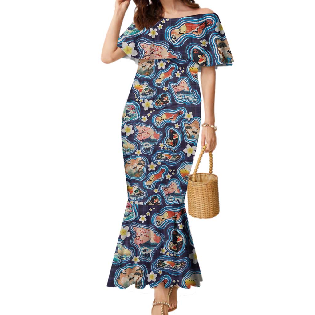 Hawaii Islands Map Design with Japanese Landscape Family Matching Mermaid Dress and Hawaiian Shirt Hawaiian Japan Fusion Art Navy Color LT03 Mom's Dress Navy - Polynesian Pride