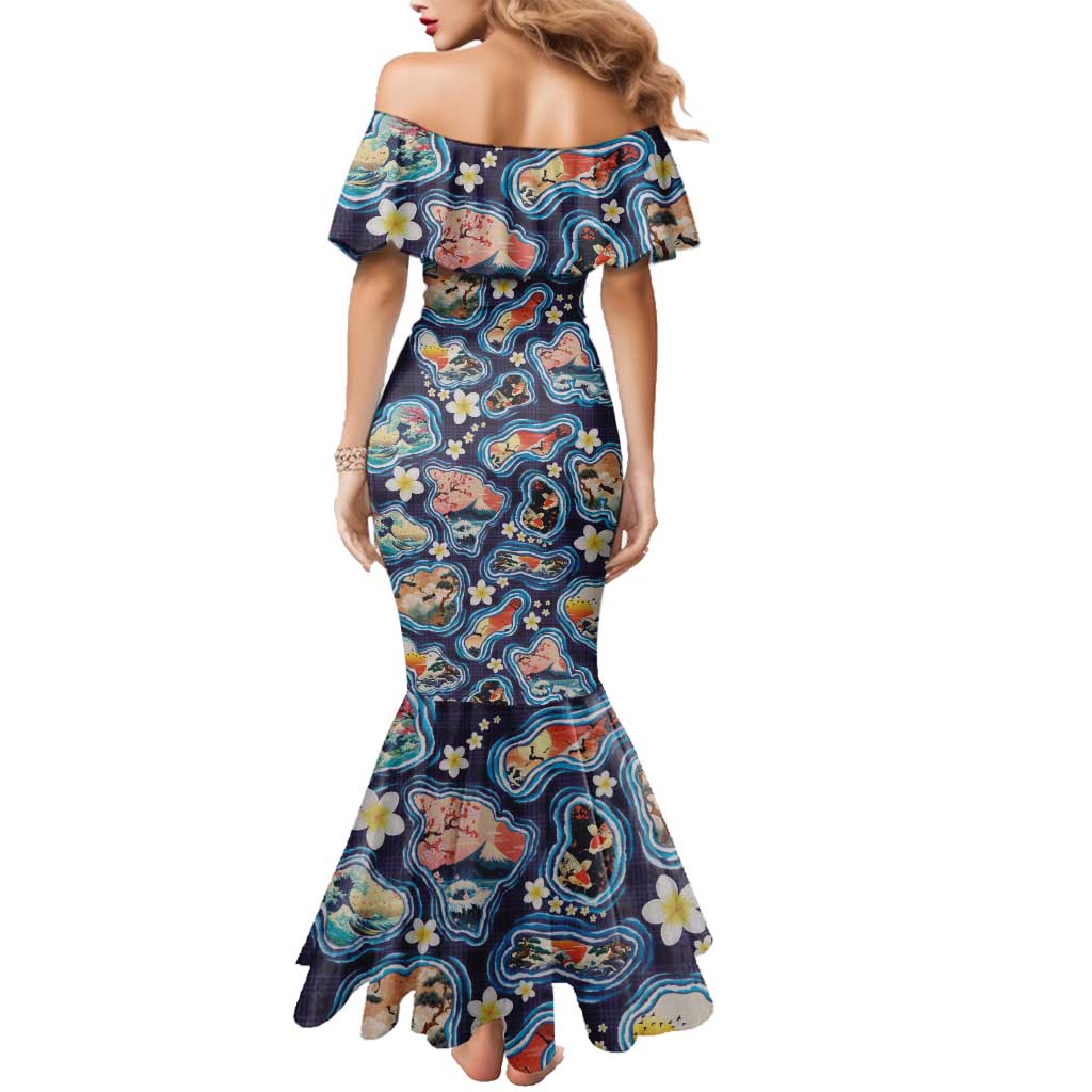 Hawaii Islands Map Design with Japanese Landscape Family Matching Mermaid Dress and Hawaiian Shirt Hawaiian Japan Fusion Art Navy Color LT03 - Polynesian Pride
