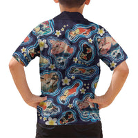 Hawaii Islands Map Design with Japanese Landscape Family Matching Off The Shoulder Long Sleeve Dress and Hawaiian Shirt Hawaiian Japan Fusion Art Navy Color LT03 - Polynesian Pride