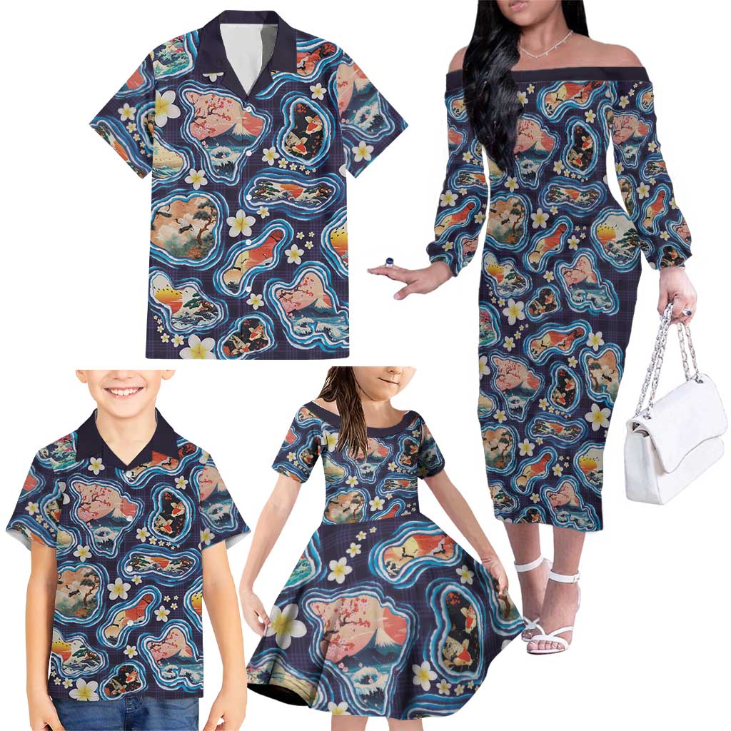 Hawaii Islands Map Design with Japanese Landscape Family Matching Off The Shoulder Long Sleeve Dress and Hawaiian Shirt Hawaiian Japan Fusion Art Navy Color LT03 - Polynesian Pride