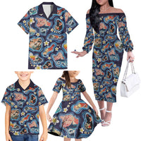 Hawaii Islands Map Design with Japanese Landscape Family Matching Off The Shoulder Long Sleeve Dress and Hawaiian Shirt Hawaiian Japan Fusion Art Navy Color LT03 - Polynesian Pride