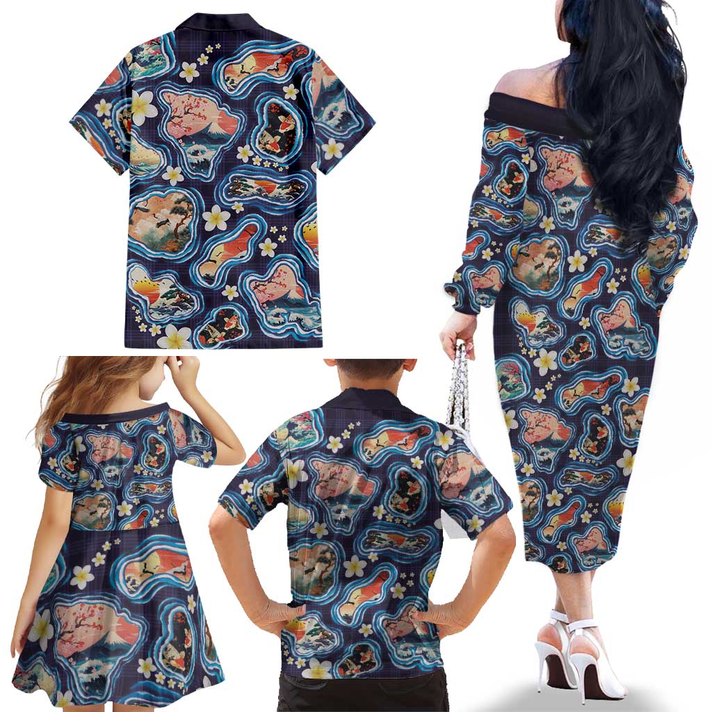 Hawaii Islands Map Design with Japanese Landscape Family Matching Off The Shoulder Long Sleeve Dress and Hawaiian Shirt Hawaiian Japan Fusion Art Navy Color LT03 - Polynesian Pride