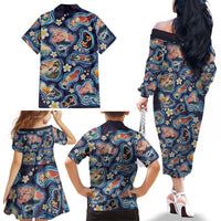 Hawaii Islands Map Design with Japanese Landscape Family Matching Off The Shoulder Long Sleeve Dress and Hawaiian Shirt Hawaiian Japan Fusion Art Navy Color LT03 - Polynesian Pride