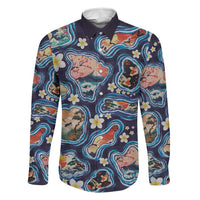 Hawaii Islands Map Design with Japanese Landscape Family Matching Off The Shoulder Long Sleeve Dress and Hawaiian Shirt Hawaiian Japan Fusion Art Navy Color LT03 Dad's Shirt - Long Sleeve Navy - Polynesian Pride