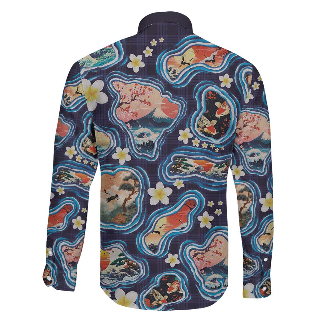 Hawaii Islands Map Design with Japanese Landscape Family Matching Off The Shoulder Long Sleeve Dress and Hawaiian Shirt Hawaiian Japan Fusion Art Navy Color LT03 - Polynesian Pride