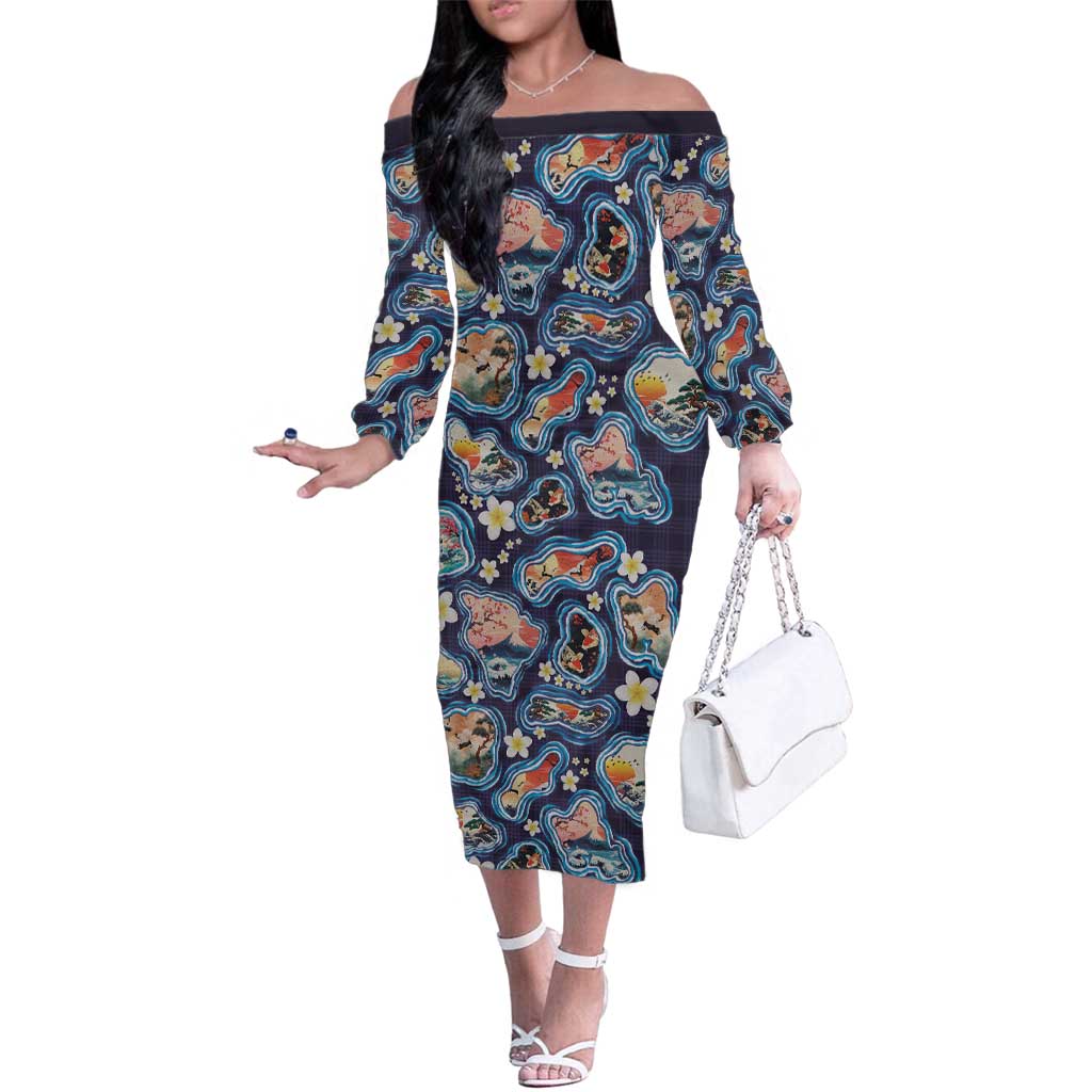 Hawaii Islands Map Design with Japanese Landscape Family Matching Off The Shoulder Long Sleeve Dress and Hawaiian Shirt Hawaiian Japan Fusion Art Navy Color LT03 Mom's Dress Navy - Polynesian Pride