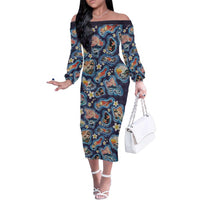 Hawaii Islands Map Design with Japanese Landscape Family Matching Off The Shoulder Long Sleeve Dress and Hawaiian Shirt Hawaiian Japan Fusion Art Navy Color LT03 Mom's Dress Navy - Polynesian Pride