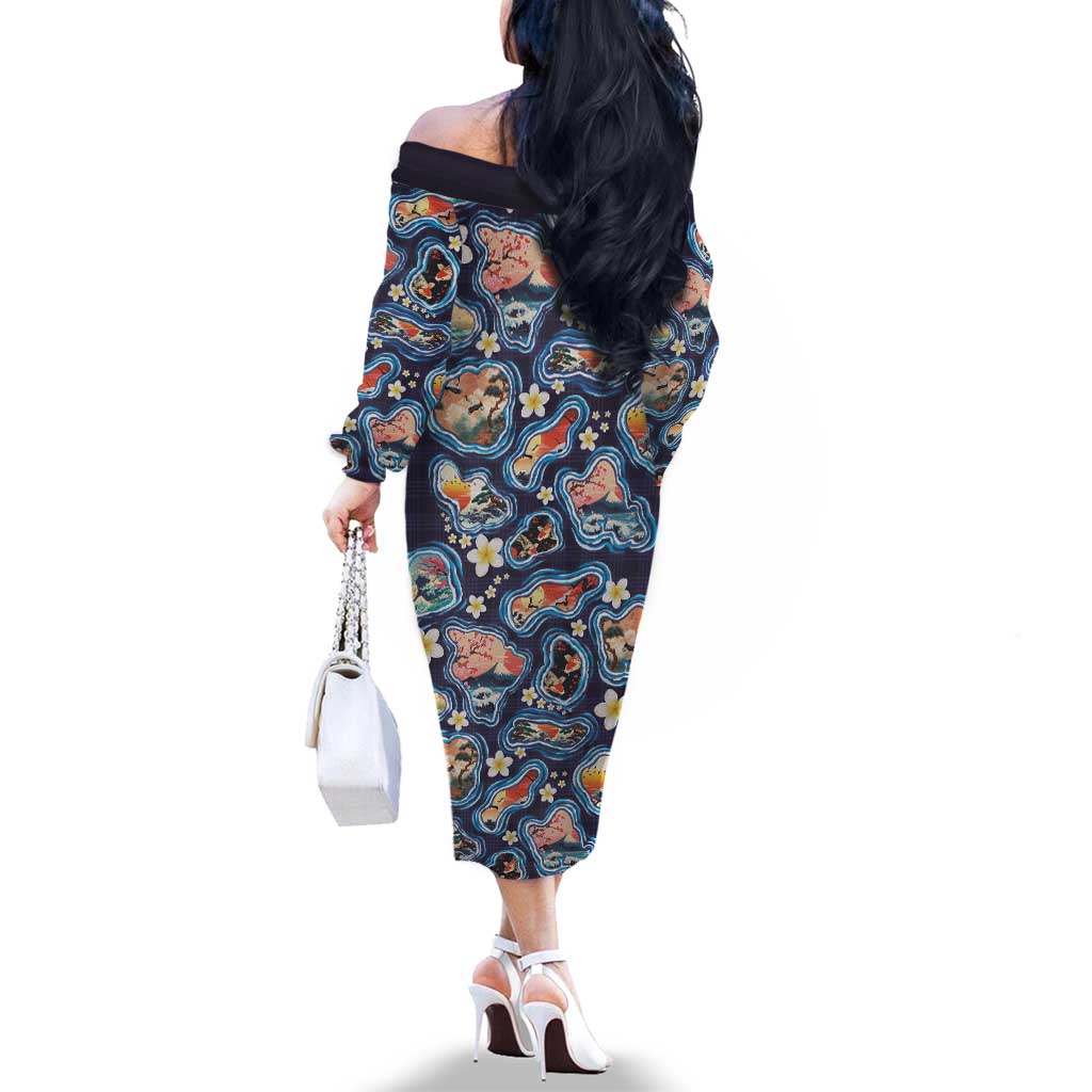 Hawaii Islands Map Design with Japanese Landscape Family Matching Off The Shoulder Long Sleeve Dress and Hawaiian Shirt Hawaiian Japan Fusion Art Navy Color LT03 - Polynesian Pride