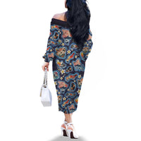 Hawaii Islands Map Design with Japanese Landscape Family Matching Off The Shoulder Long Sleeve Dress and Hawaiian Shirt Hawaiian Japan Fusion Art Navy Color LT03 - Polynesian Pride
