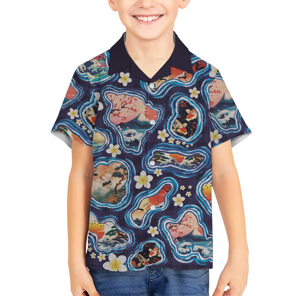Hawaii Islands Map Design with Japanese Landscape Family Matching Off The Shoulder Long Sleeve Dress and Hawaiian Shirt Hawaiian Japan Fusion Art Navy Color LT03 Son's Shirt Navy - Polynesian Pride