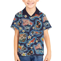 Hawaii Islands Map Design with Japanese Landscape Family Matching Off The Shoulder Long Sleeve Dress and Hawaiian Shirt Hawaiian Japan Fusion Art Navy Color LT03 Son's Shirt Navy - Polynesian Pride