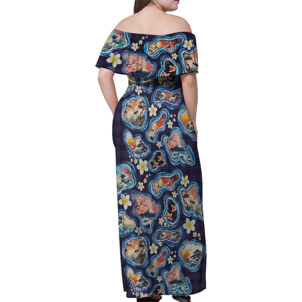 Hawaii Islands Map Design with Japanese Landscape Family Matching Off Shoulder Maxi Dress and Hawaiian Shirt Hawaiian Japan Fusion Art Navy Color LT03 - Polynesian Pride