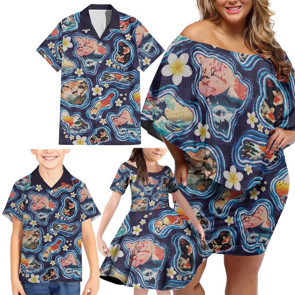 Hawaii Islands Map Design with Japanese Landscape Family Matching Off Shoulder Short Dress and Hawaiian Shirt Hawaiian Japan Fusion Art Navy Color