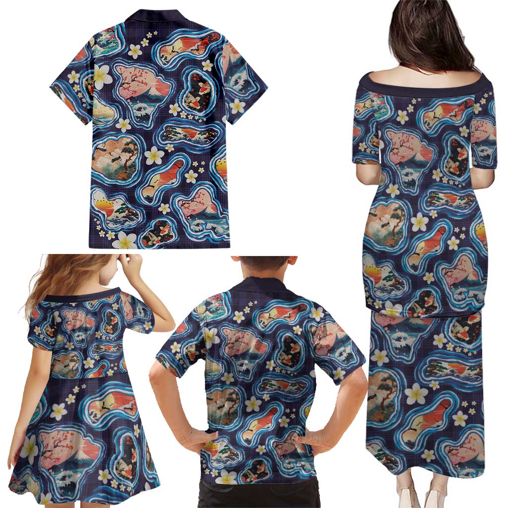 Hawaii Islands Map Design with Japanese Landscape Family Matching Puletasi and Hawaiian Shirt Hawaiian Japan Fusion Art Navy Color LT03 - Polynesian Pride
