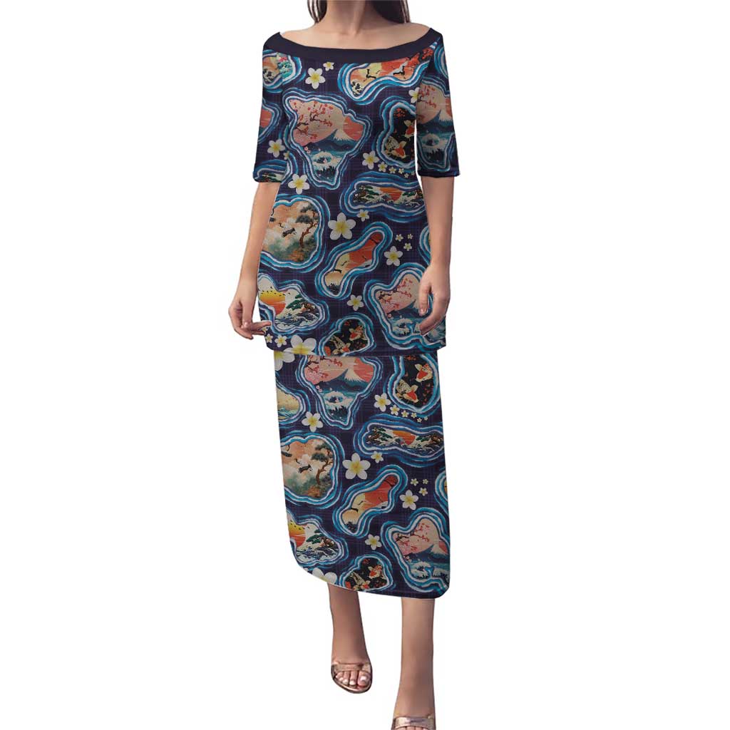 Hawaii Islands Map Design with Japanese Landscape Family Matching Puletasi and Hawaiian Shirt Hawaiian Japan Fusion Art Navy Color LT03 Mom's Dress Navy - Polynesian Pride