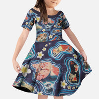 Hawaii Islands Map Design with Japanese Landscape Family Matching Short Sleeve Bodycon Dress and Hawaiian Shirt Hawaiian Japan Fusion Art Navy Color LT03 Daughter's Dress Navy - Polynesian Pride